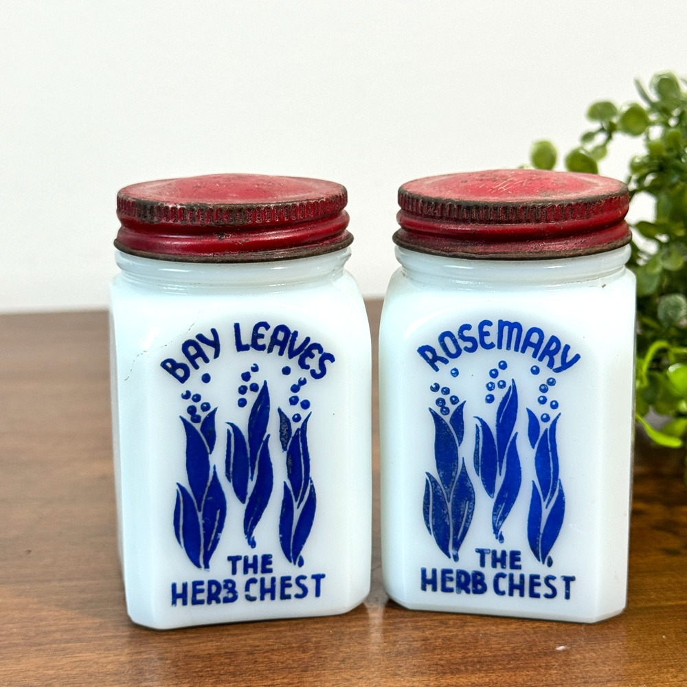 Vintage Hazel Atlas The Herb Chest Spice Jars Bay Leaves & Rosemary USA